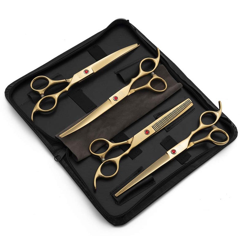 Moontay Professional 7.0" Dog Grooming Scissors Set, 4-pieces Straight, Upward Curved, Downward Curved, Thinning/Blending Shears for Dog, Cat and Pets, JP Stainless Steel, Gold - Image 2